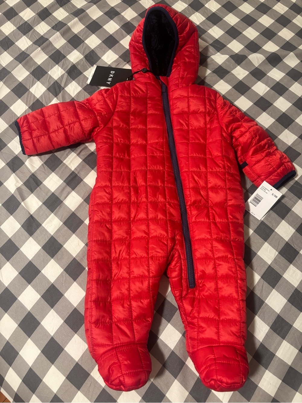 DKNY Red Quilted Hooded Infant One-Piece Footie